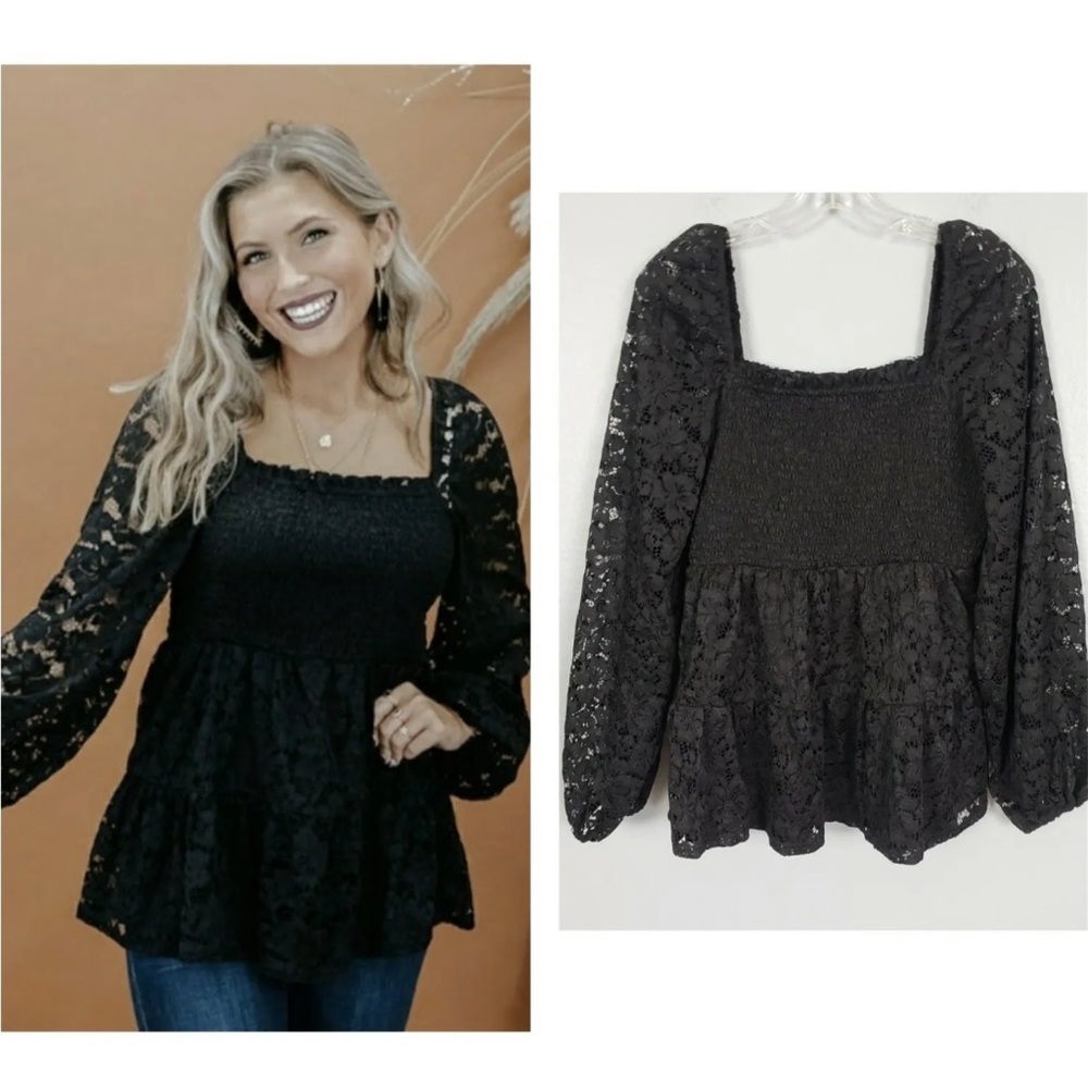 ANDRÉE BY UNIT Lace Floral Square Neckline Balloon Sleeve Blouse Sz S Black Boho